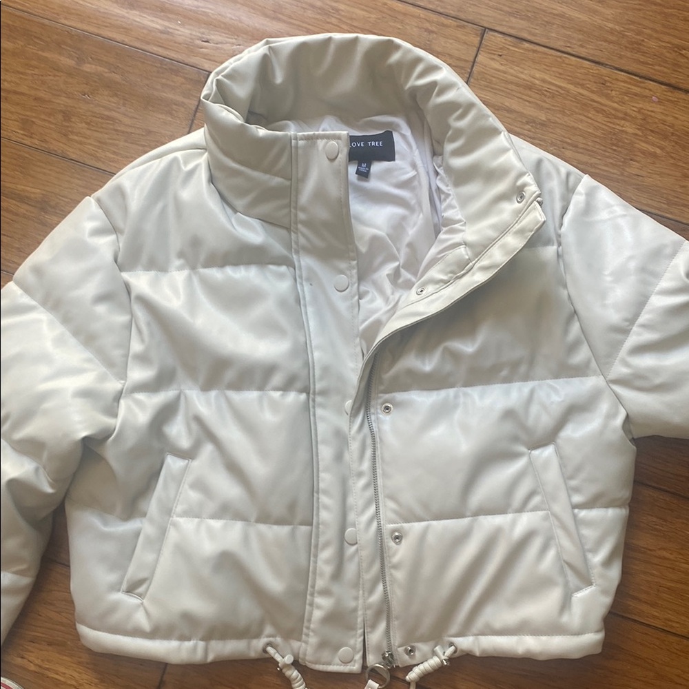 Love Tree Cream Puffer Jacket with High Collar